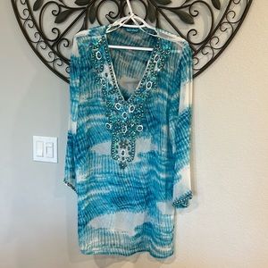 Beautiful blue & white beach, cover-up, turquoise blue  & white sequin & beads,